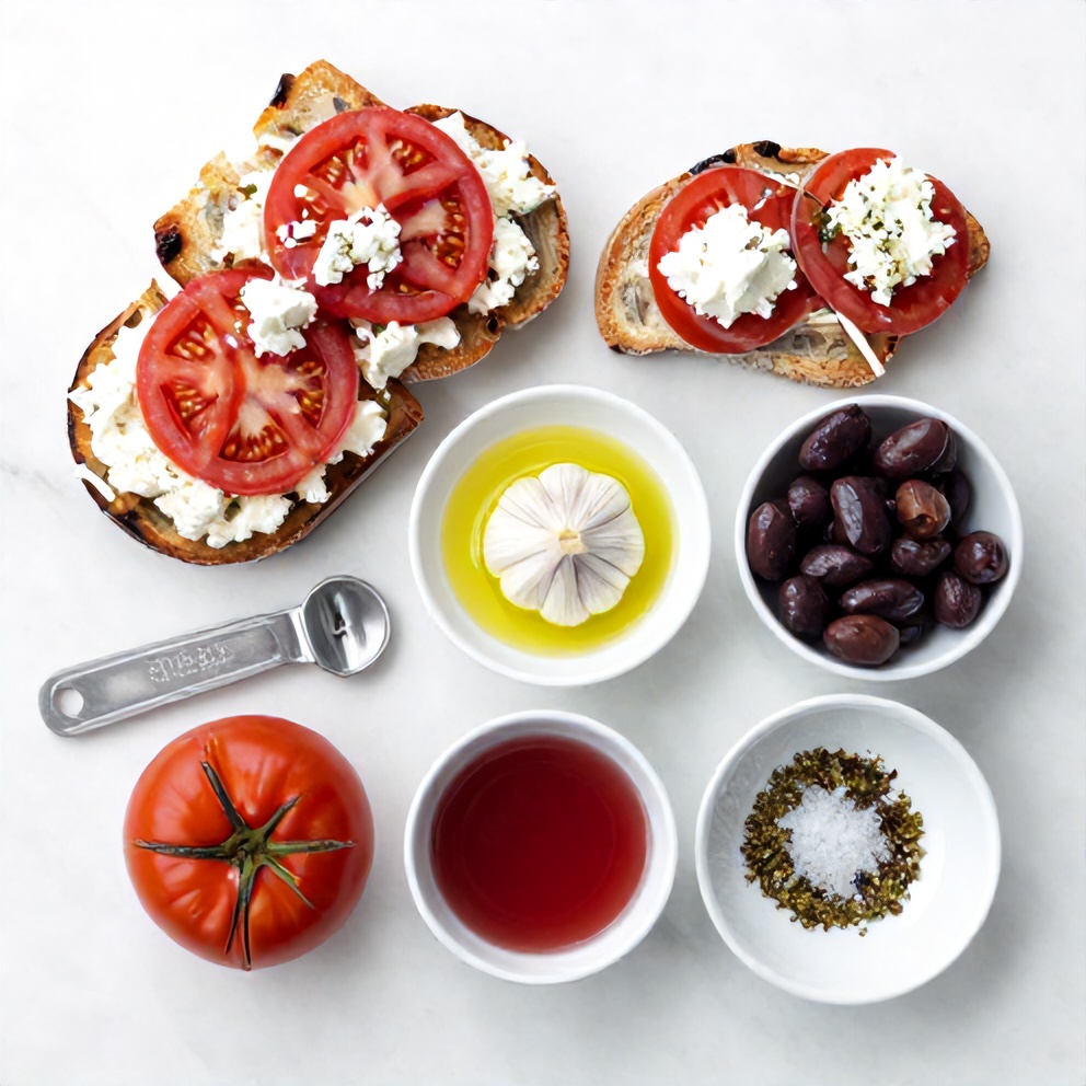 Raw ingredients for Greek Dakos Toasts