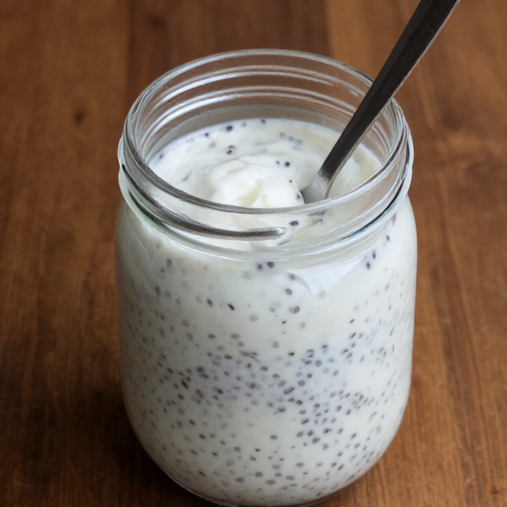 Greek yogurt chia pudding in a jar with a spoon ready to eat
