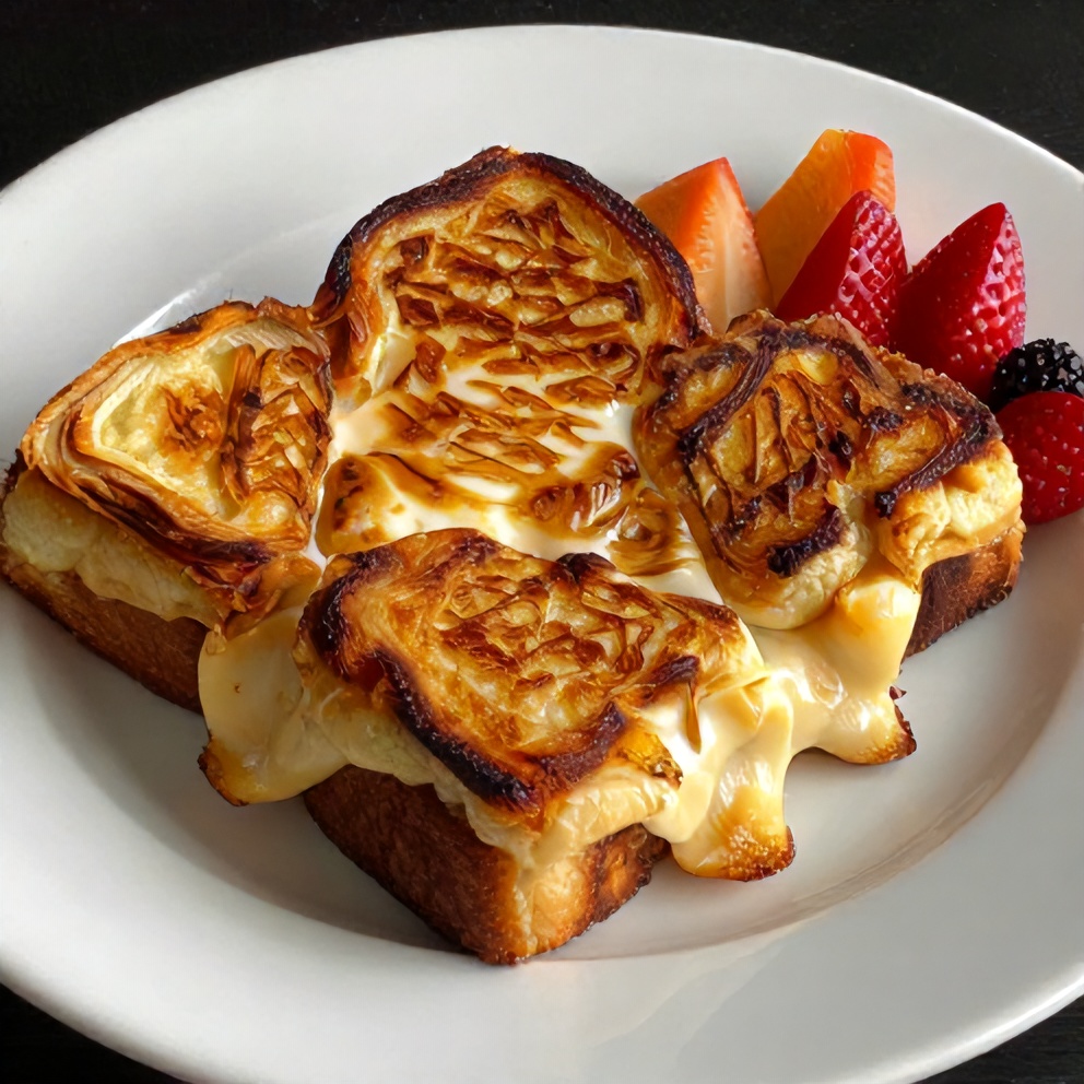 Plated serving of Grilled Cheese Breakfast Casserole with a side of fresh fruit
