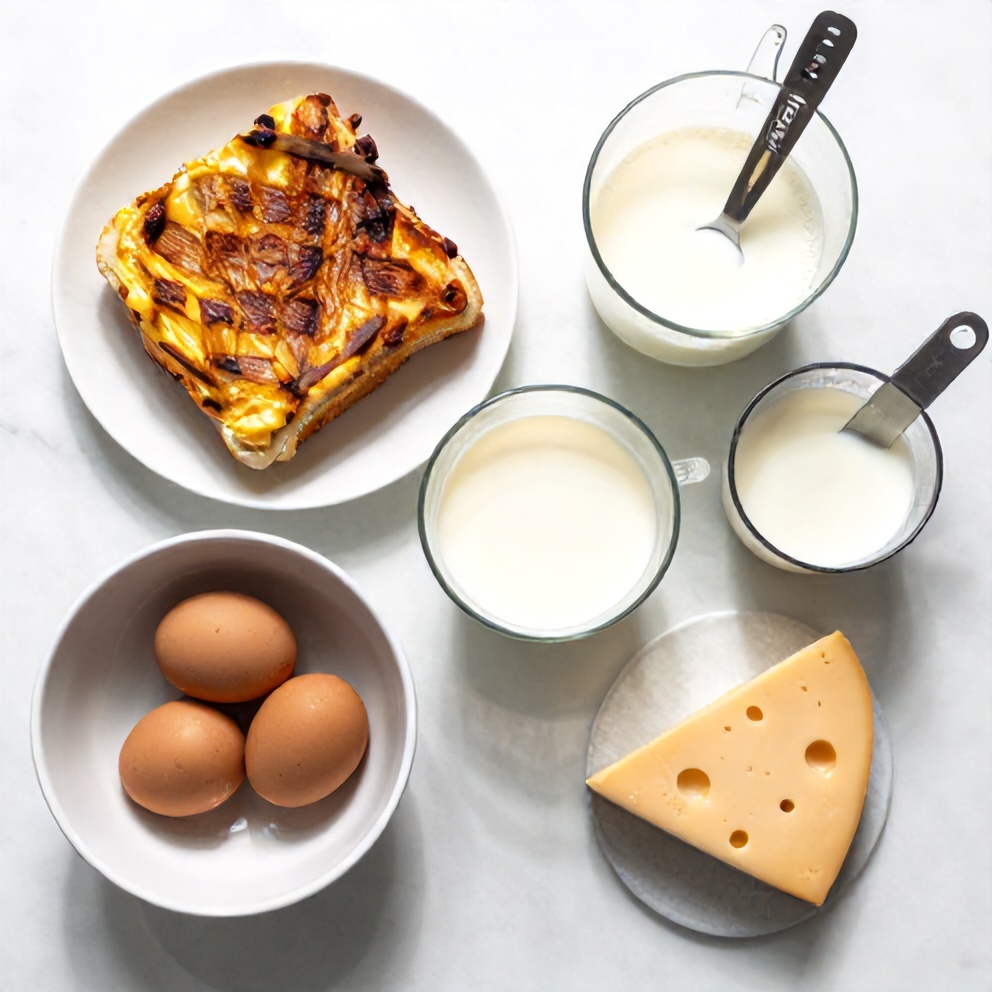 Raw ingredients for Grilled Cheese Breakfast Casserole including bread, eggs, and cheese