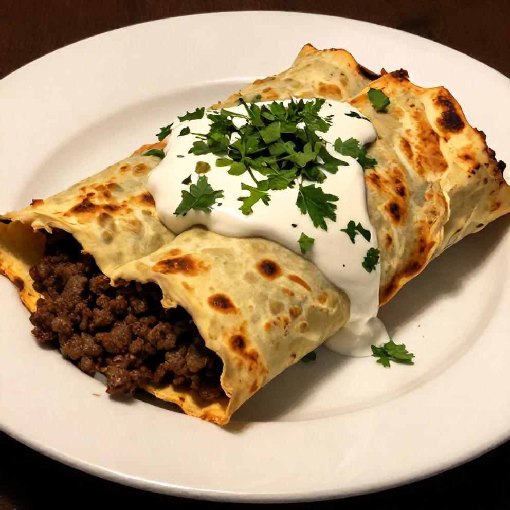 Plated serving of easy ground beef enchiladas with fresh cilantro and sour cream