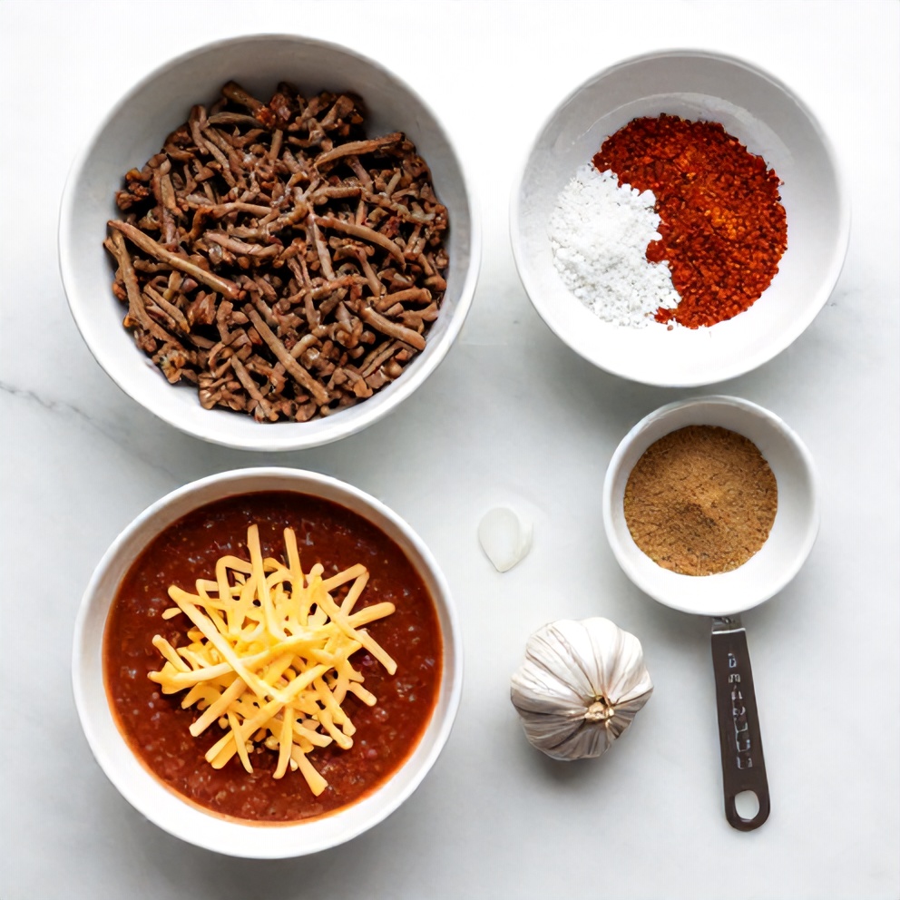 Raw ingredients for easy ground beef enchiladas: ground beef, tortillas, enchilada sauce, cheese, onion, garlic, cumin, chili powder