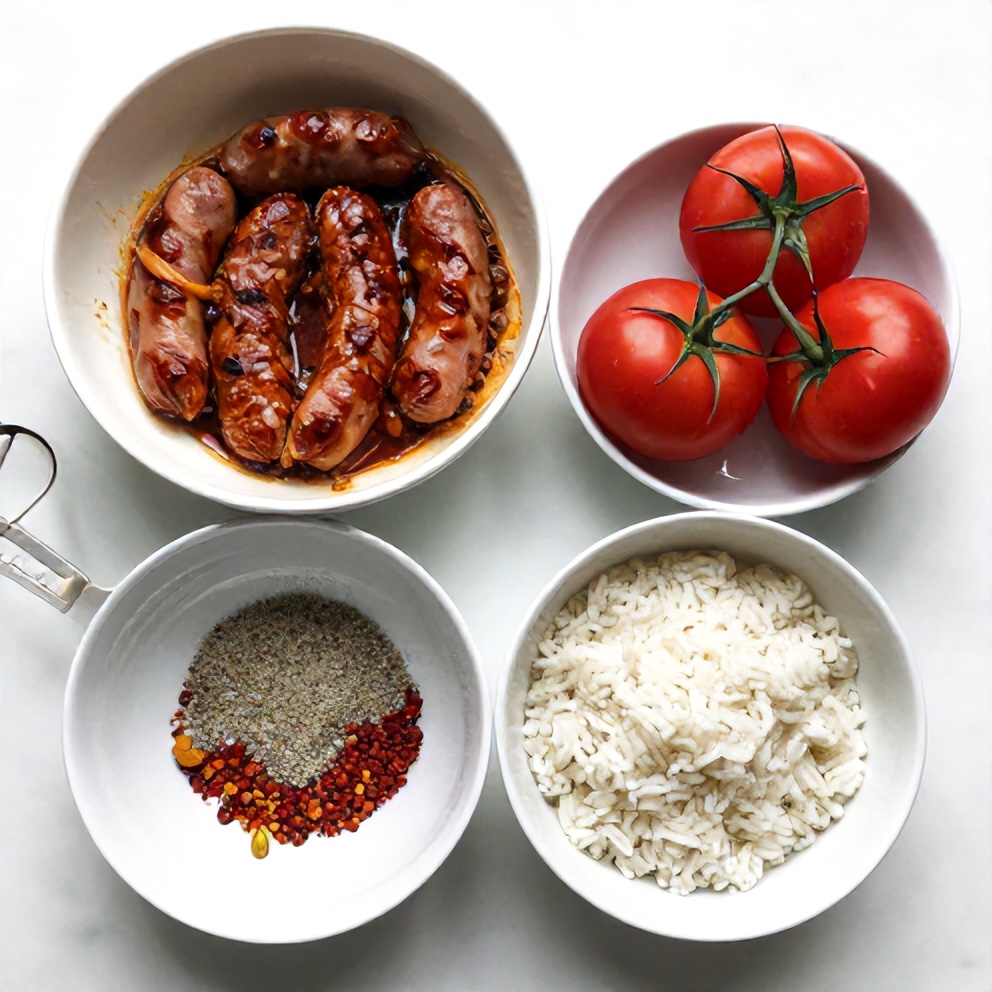 An overhead shot of the ingredients for the Italian Sausage and Rice Skillet, including sausage, rice, tomatoes, and seasonings.