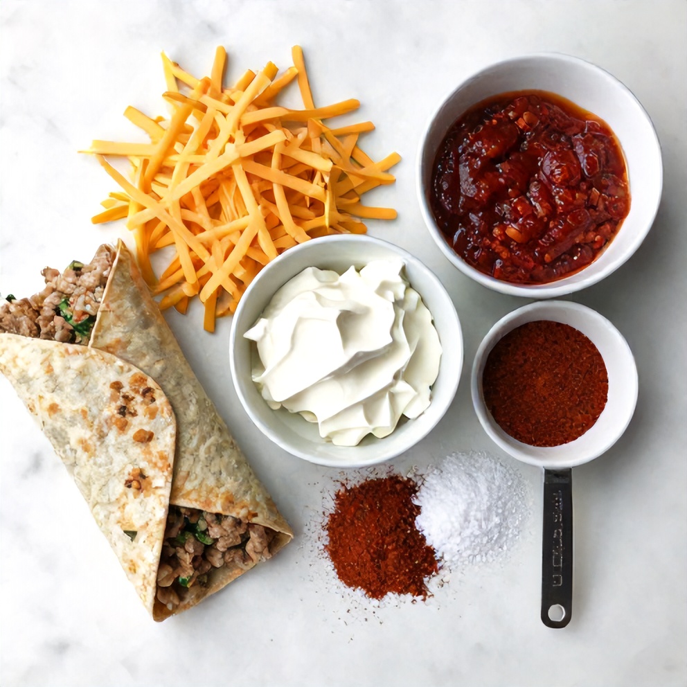 Raw ingredients for Keto Crunchwraps on a marble surface