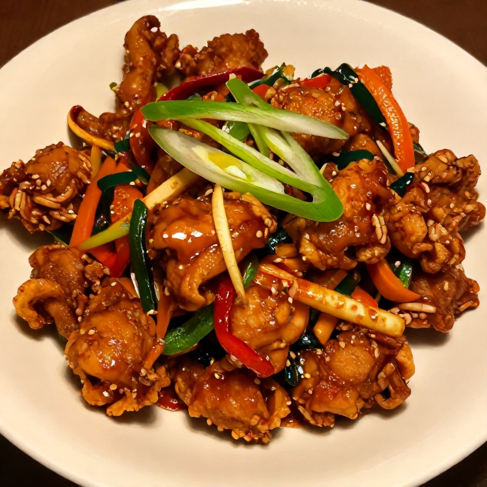 Plated Korean Spicy Chicken Stir Fry with green onions