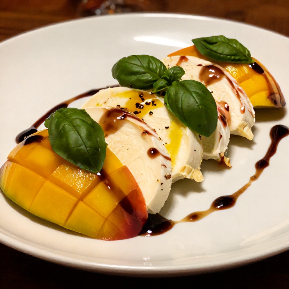 Plated Mango Caprese Salad with Basil and Balsamic