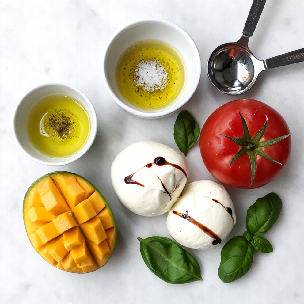 Raw ingredients for Mango Caprese Salad