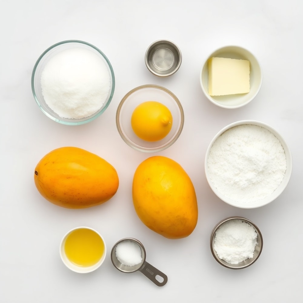 Ingredients for Mango Curd Tart on a marble surface