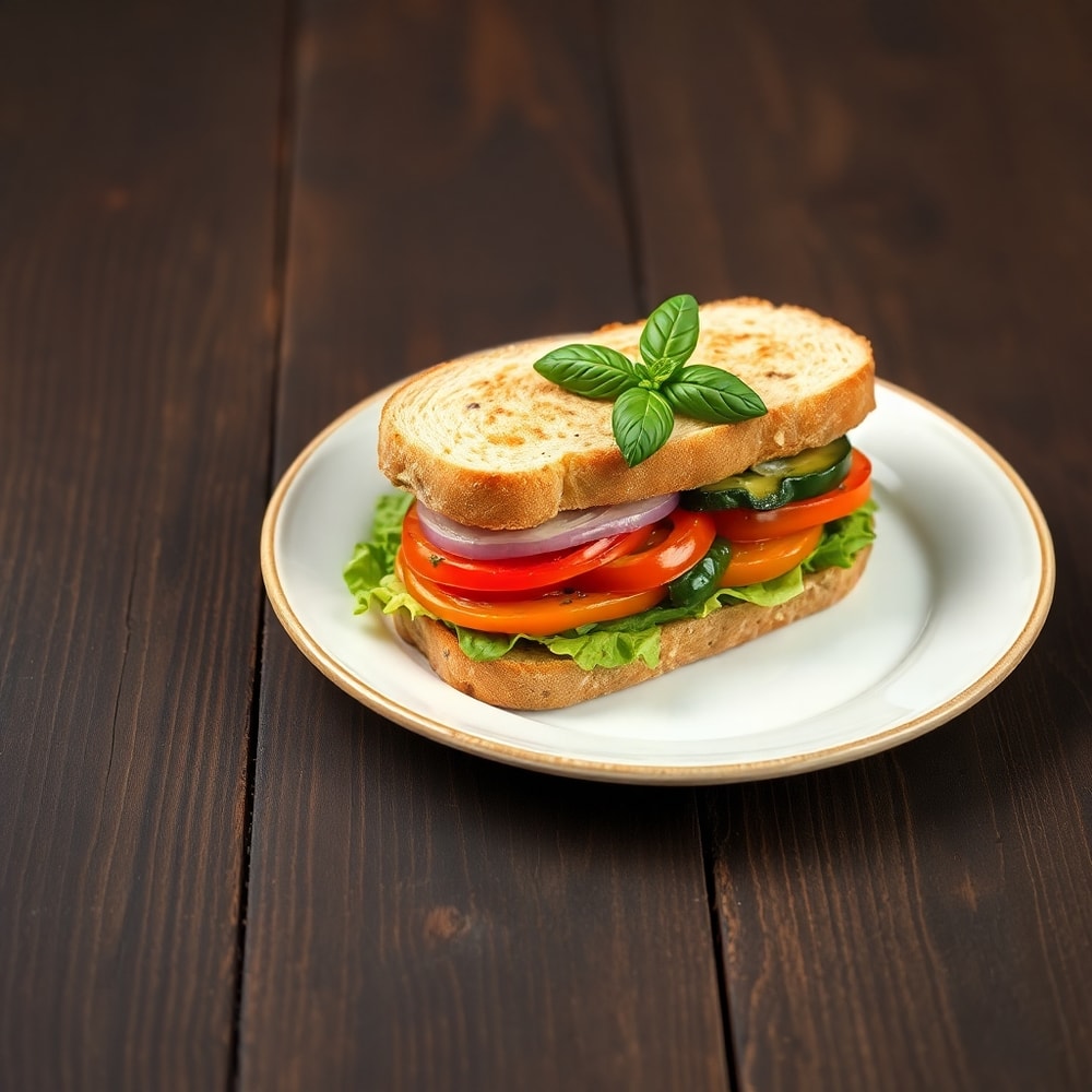Mediterranean Veggie Sandwich on a rustic wooden table with a fork