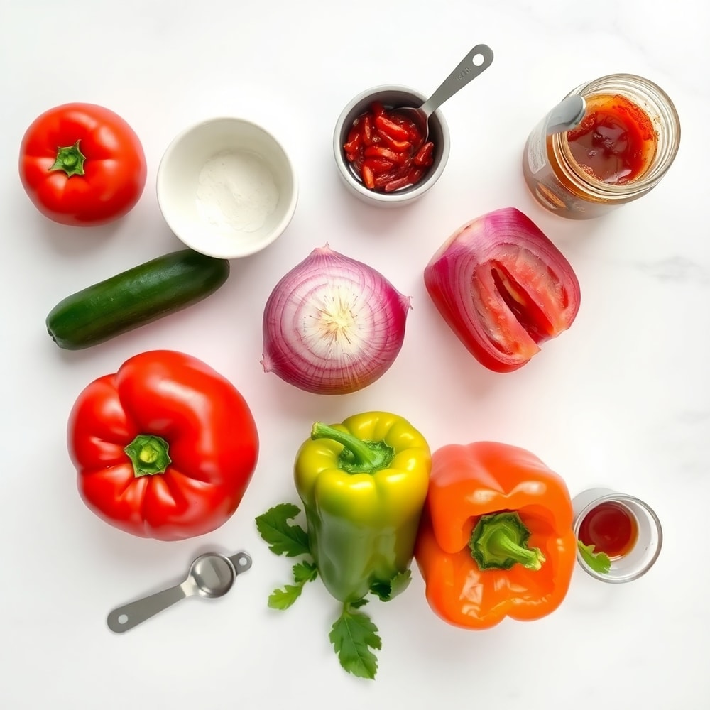 Mediterranean Veggie Sandwich ingredients on a white marble surface