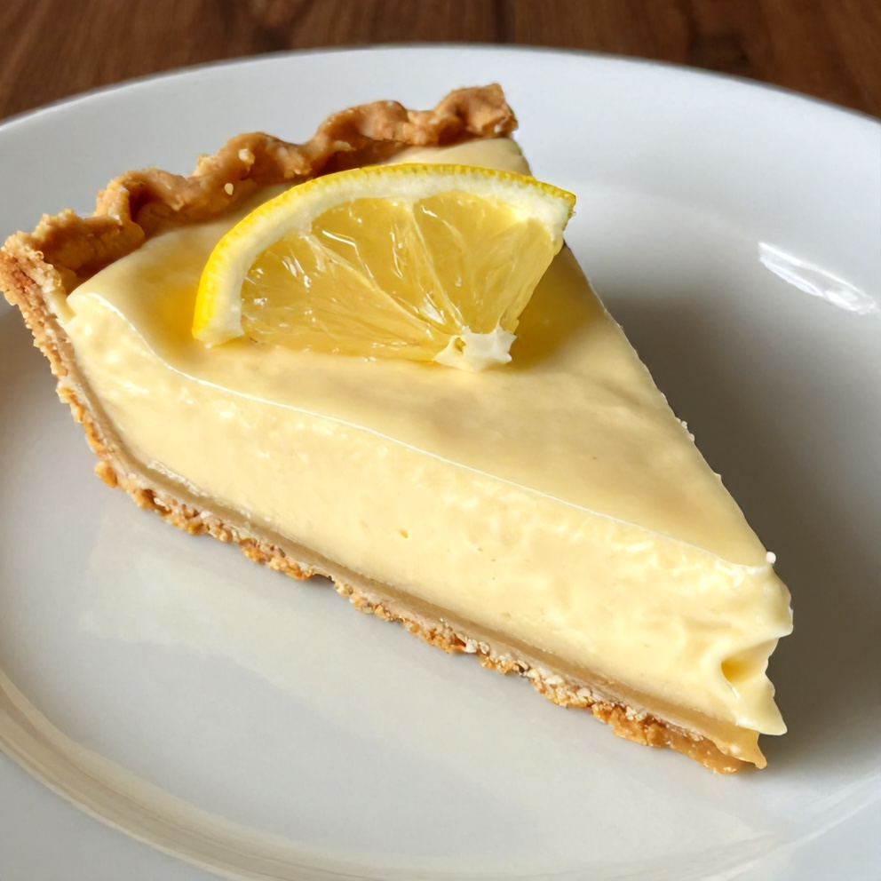 Sliced Easy No Bake Lemon Pie on a white plate with a lemon slice garnish