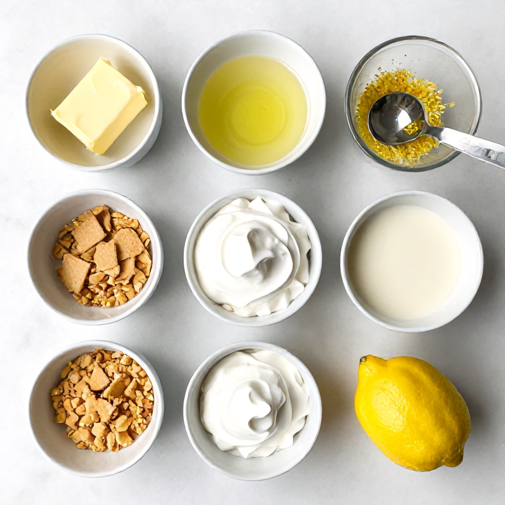 Graham cracker crumbs, butter, lemon juice, lemon zest, sweetened condensed milk, Cool Whip, and a lemon on a white marble surface