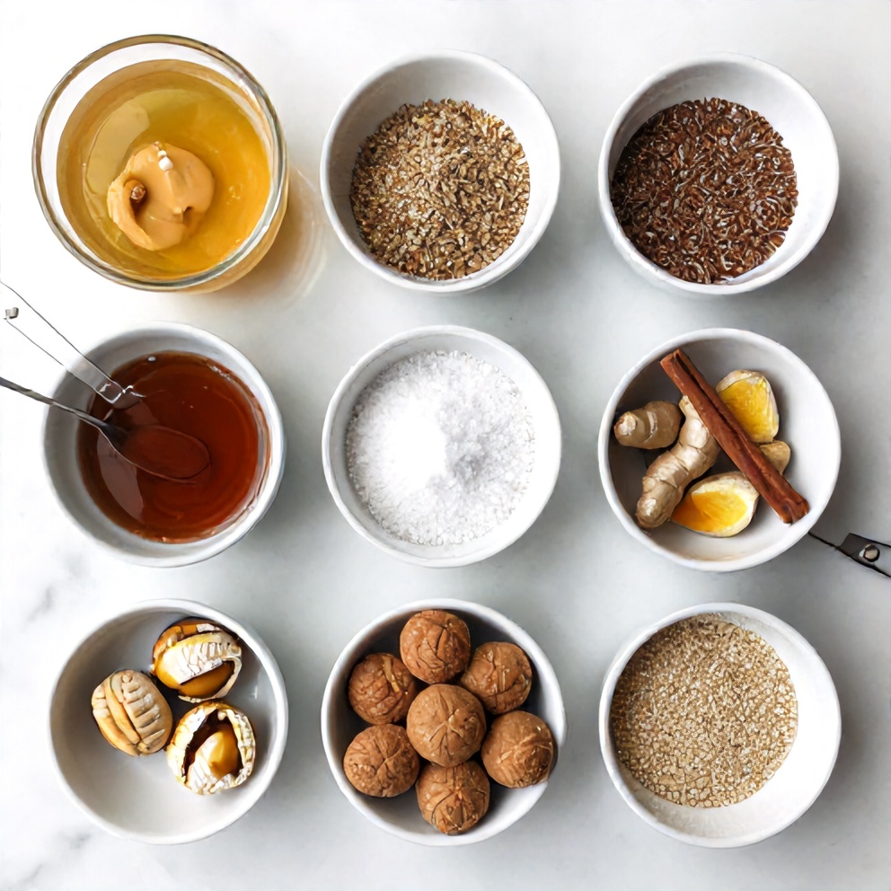 Raw ingredients for No-Bake Moroccan Almond Sesame Truffles on a white marble surface