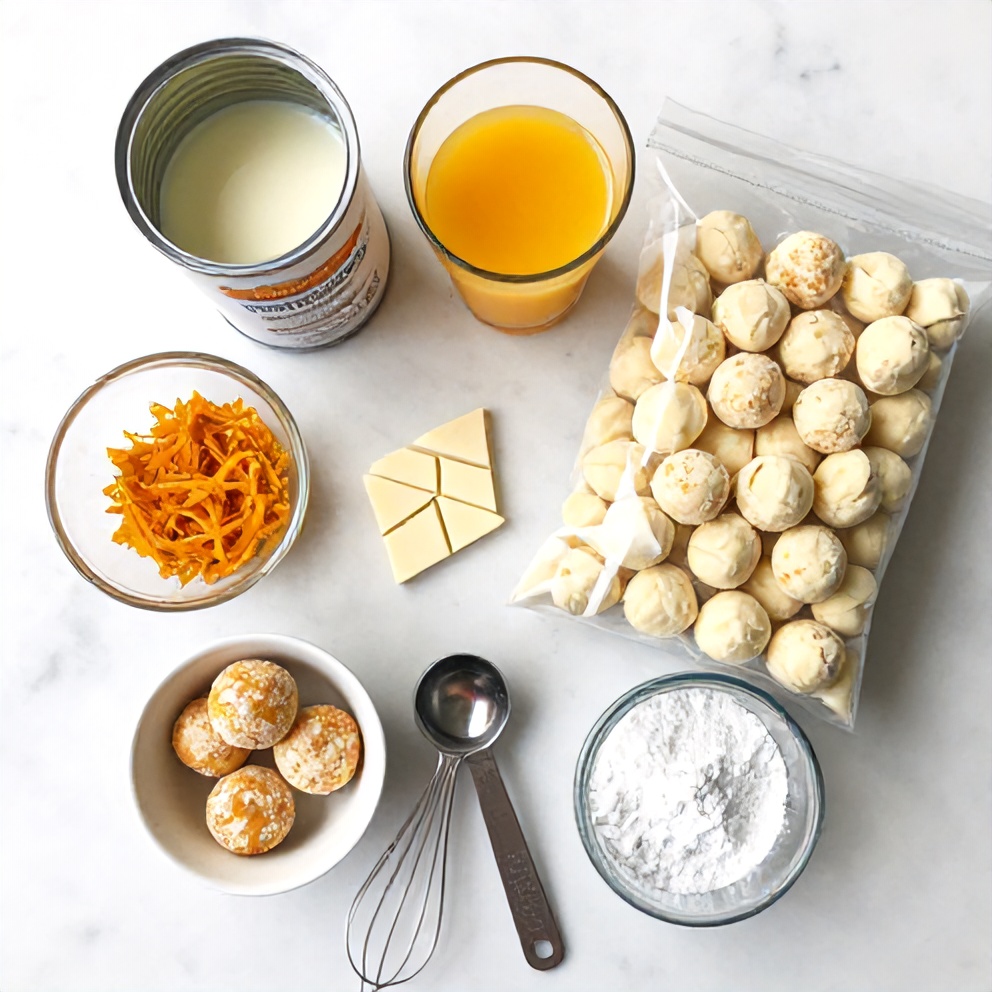 Ingredients for No Bake Orange Creamsicle Truffles on a marble surface