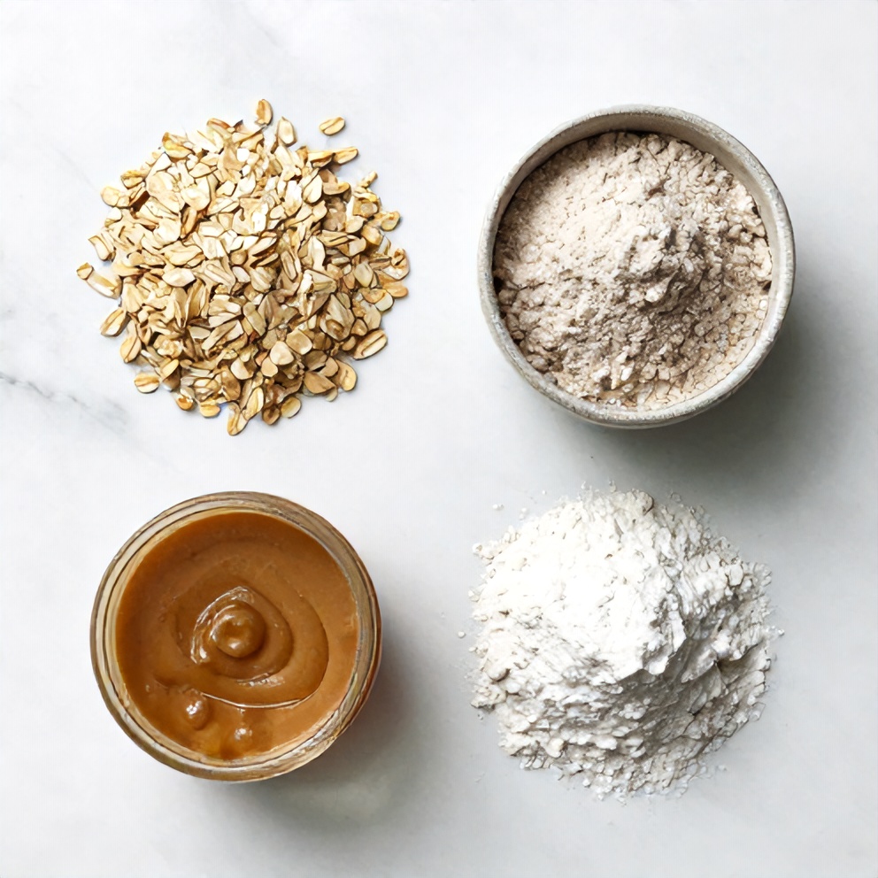 Oats, protein powder, peanut butter, honey, and baking powder arranged on a white marble surface