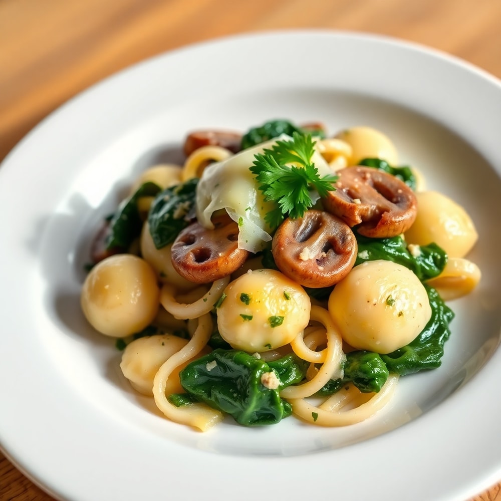 Plated Gnocchi with Spinach and Mushrooms