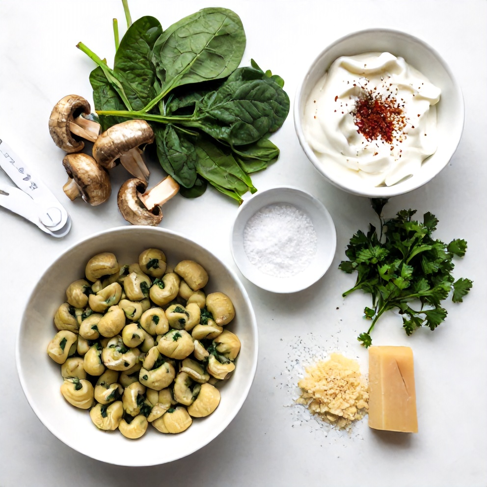 Raw ingredients for Gnocchi with Spinach and Mushrooms