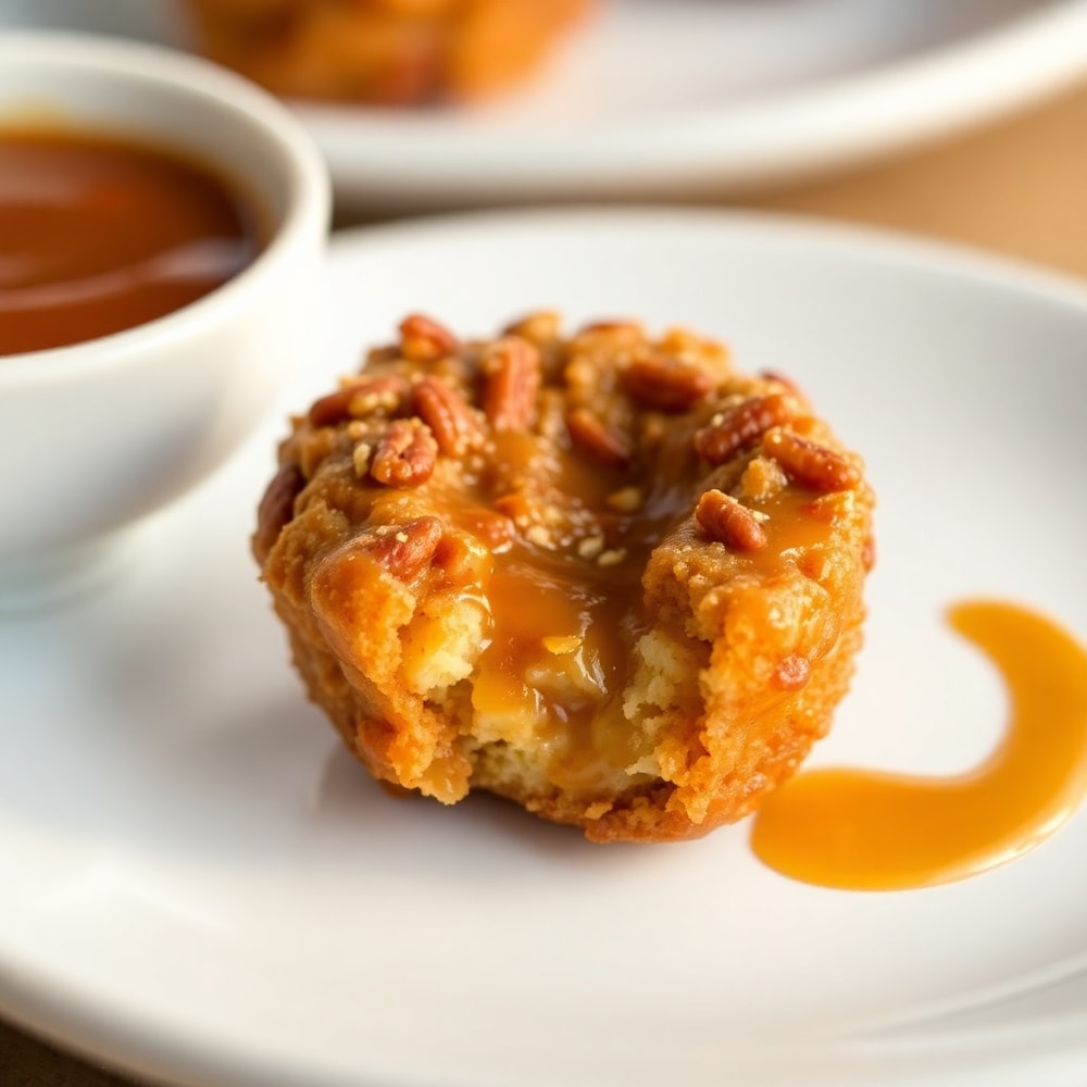 Pecan Crunch Glazed Bites on a white plate with a side of dipping sauce