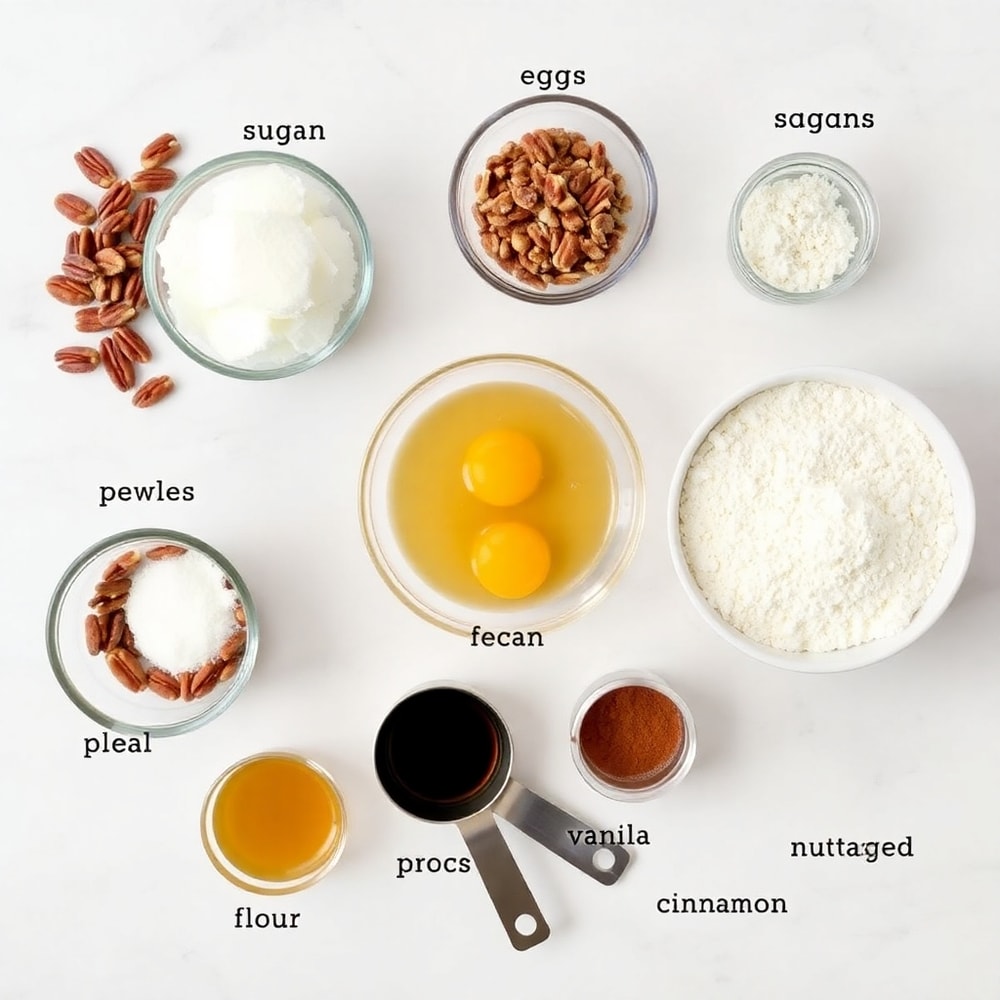 Raw ingredients for Pecan Crunch Glazed Bites on a white marble surface