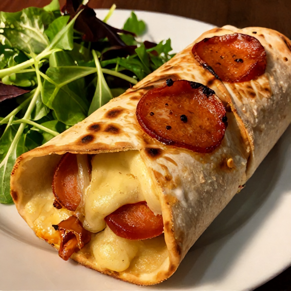 Pepperoni Pizza Wraps plated with a side of salad