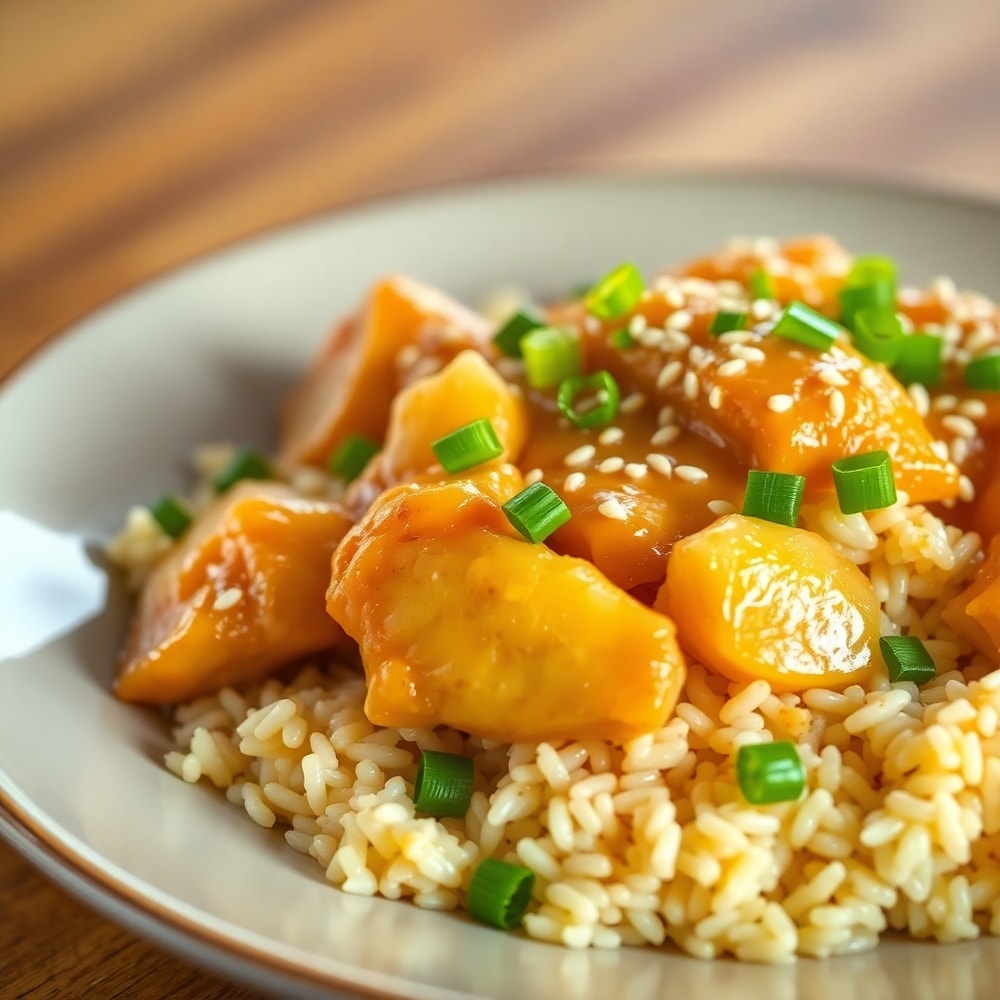 Plated Pineapple Chicken and Rice with Green Onions