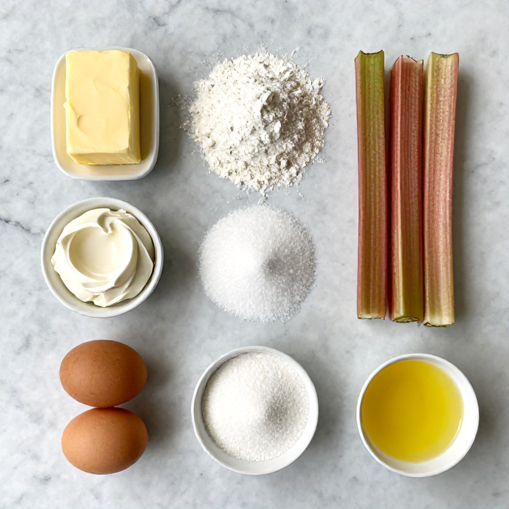 Rhubarb, cream cheese, sugar, eggs, flour, butter, vanilla extract laid out on a marble counter