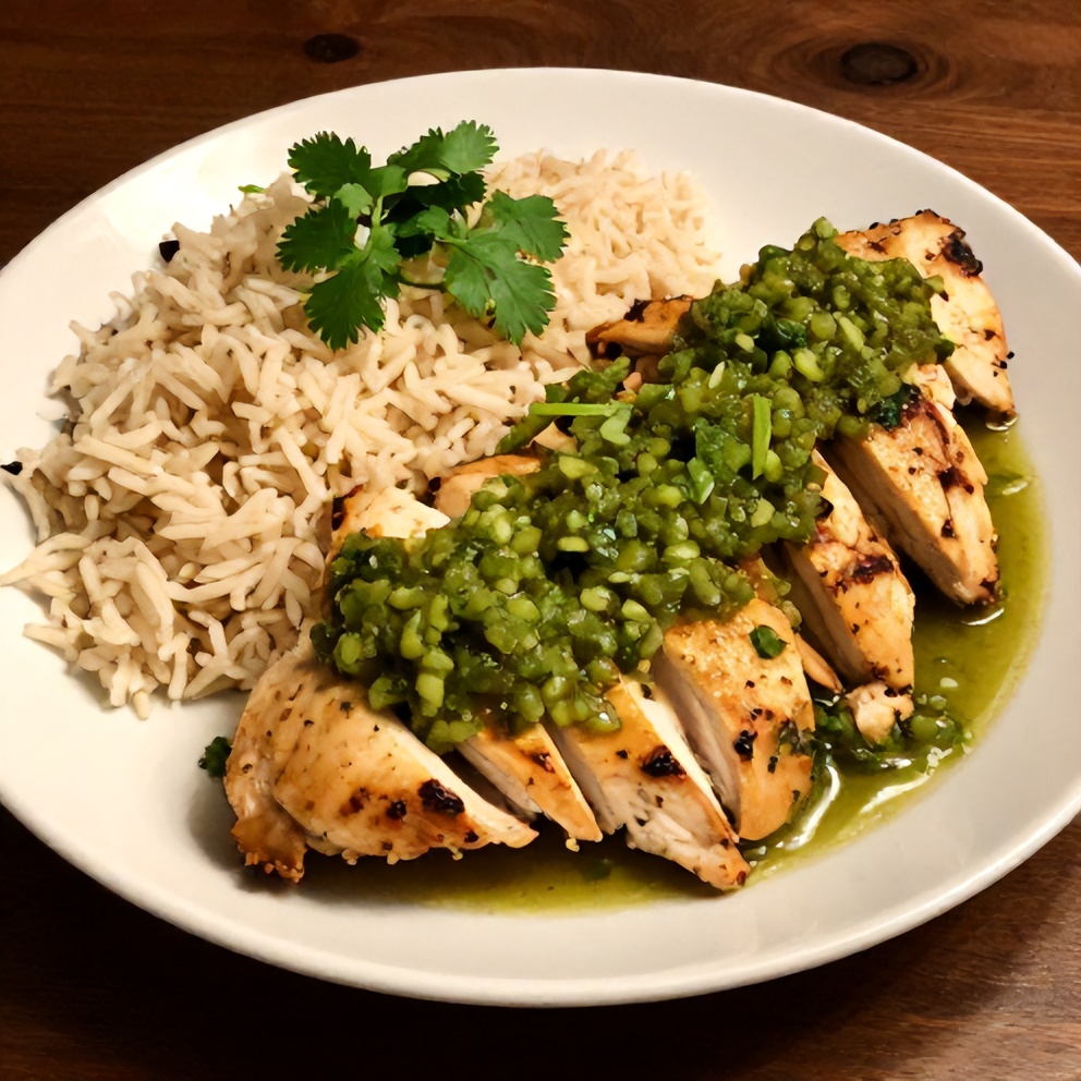 Plated Easy Salsa Verde Chicken with a side of rice and a garnish of fresh cilantro