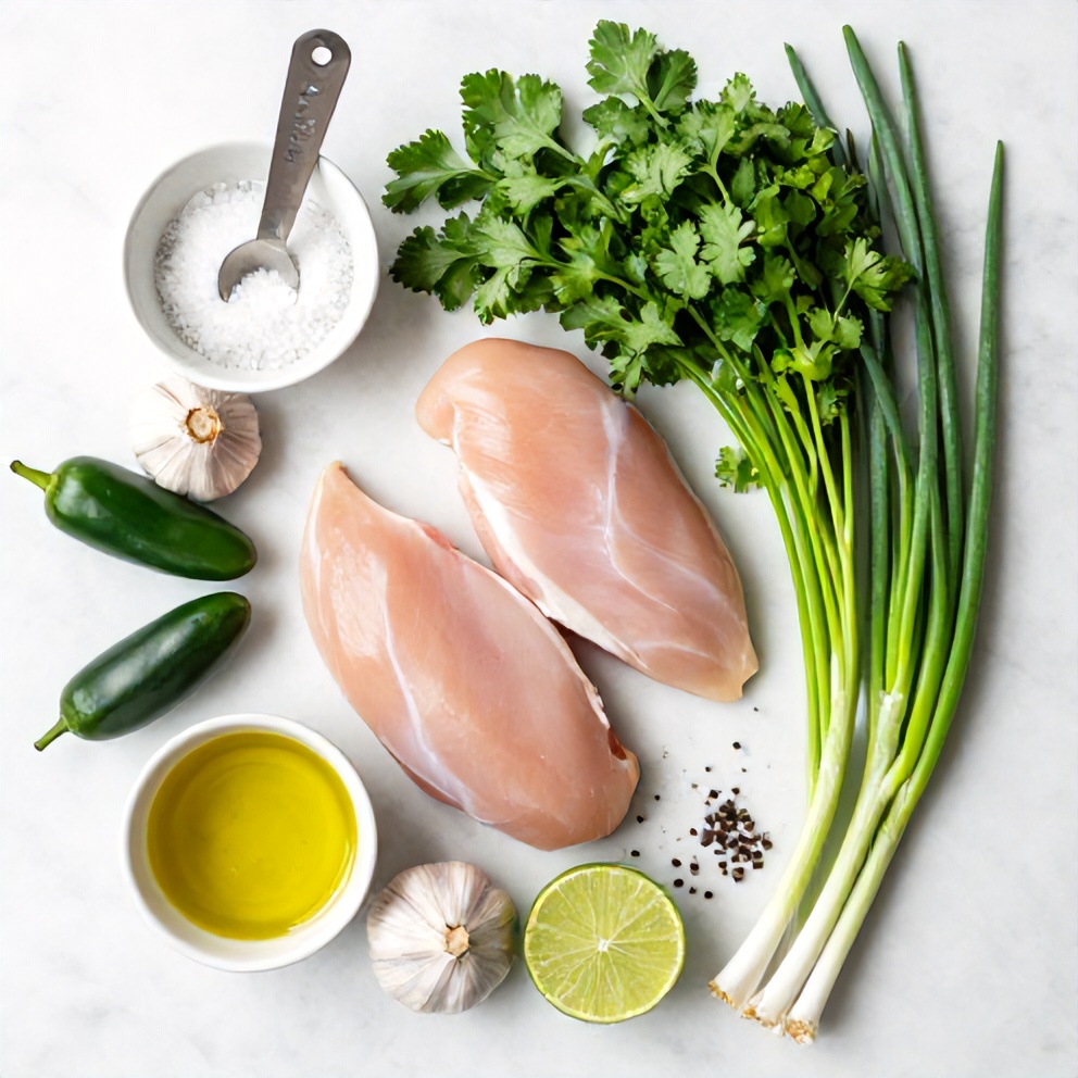 Raw ingredients for Easy Salsa Verde Chicken laid out on a marble countertop