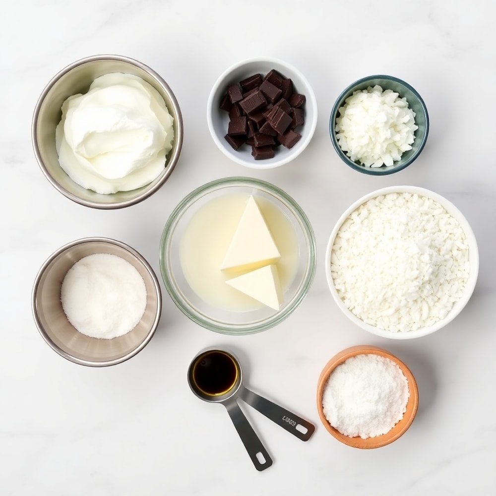 Raw ingredients for Samoa Truffles on a white marble surface