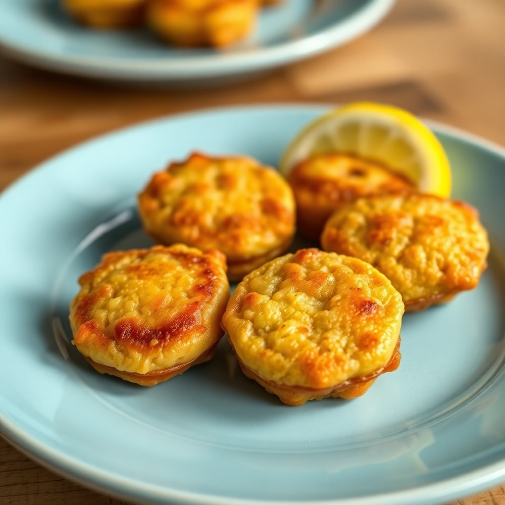 Sausage Pancake Bites on a serving plate with a lemon wedge