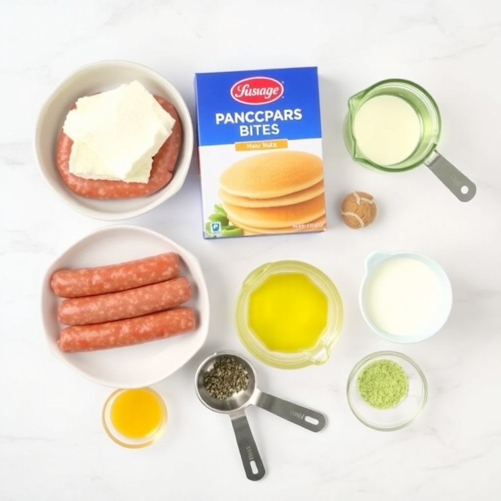 Sausage, pancake mix, eggs, milk, and oil on a marble surface