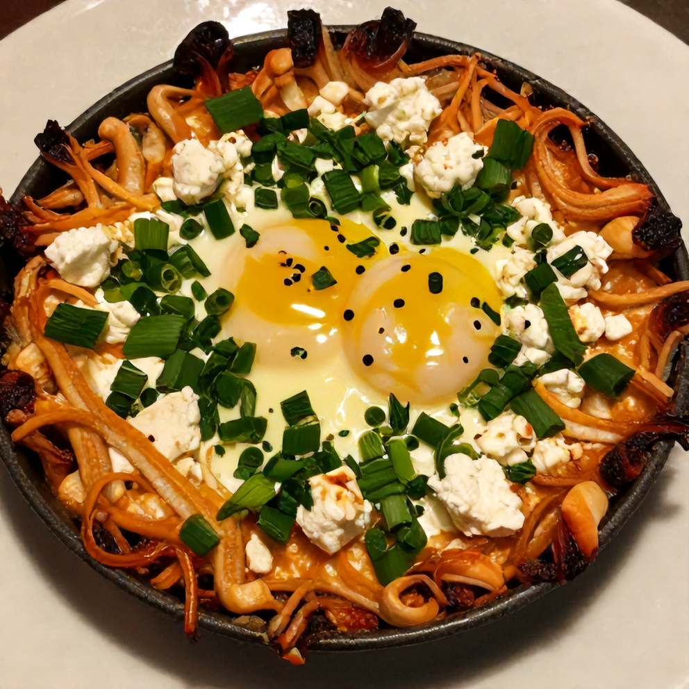 Shakshuka with poached eggs and green onions