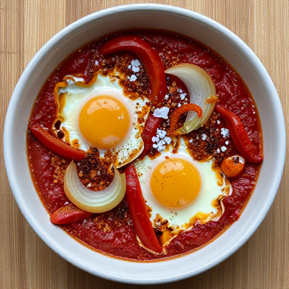 Shakshuka ingredients on a wooden surface