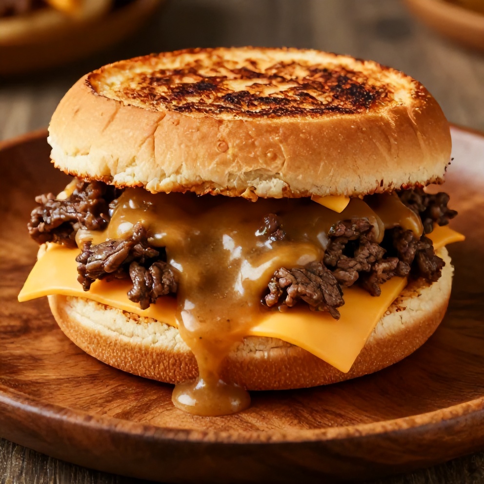 Close-up of Easy Slow Cooker Beef and Cheddar Sandwiches with melted cheese