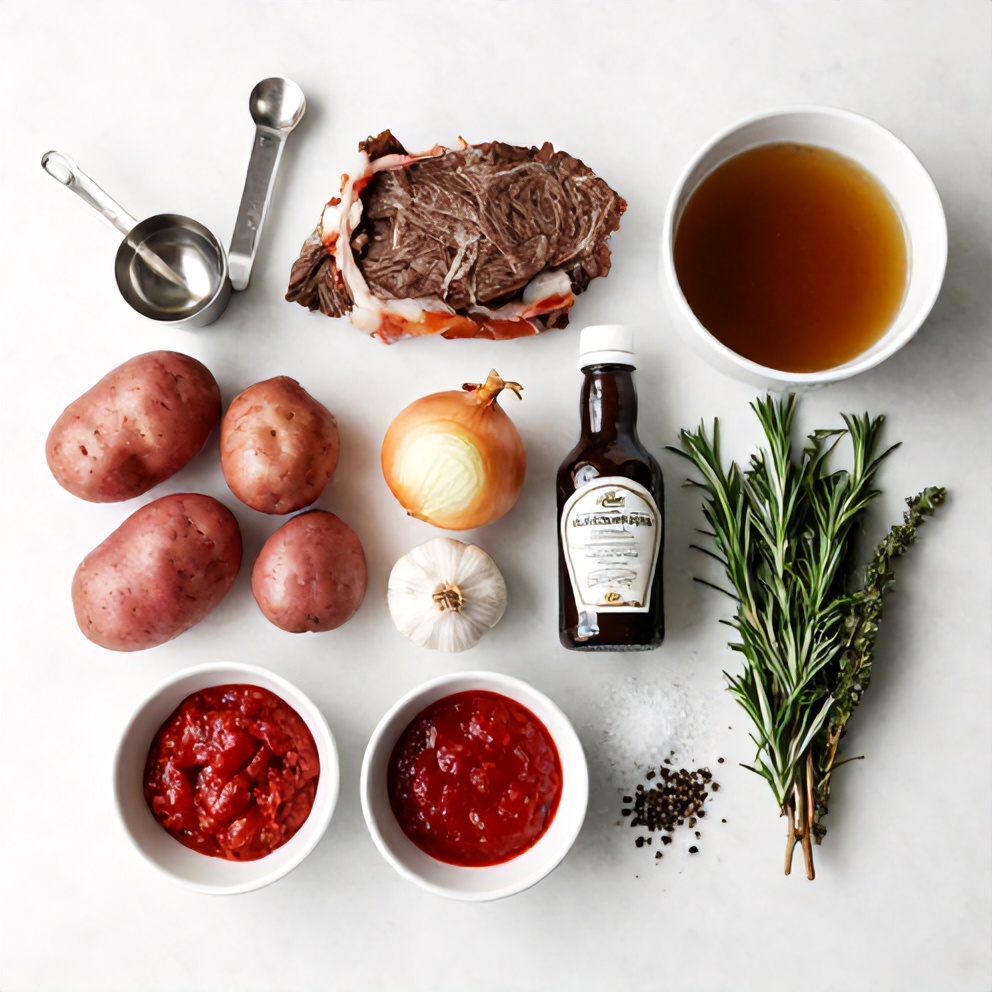 Raw ingredients for Easy Slow Cooker Beef and Cheddar Sandwiches on a white marble counter