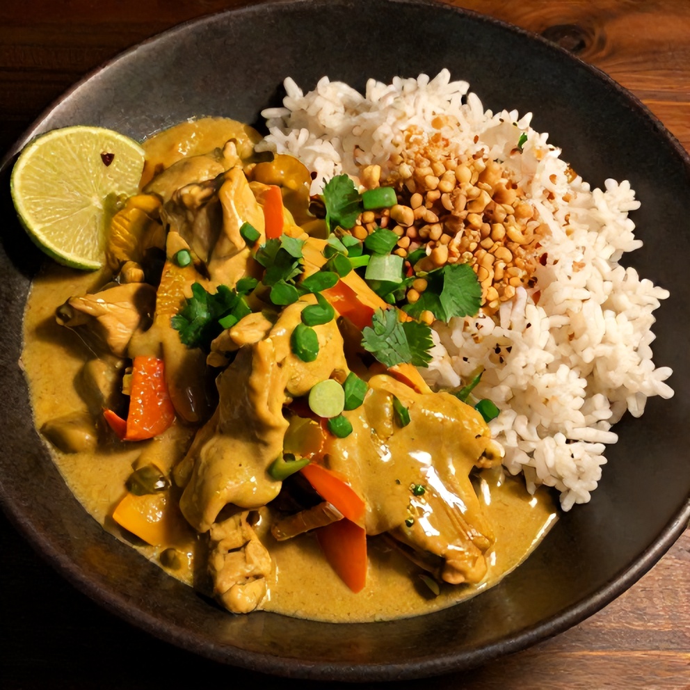 Plated Coconut Curry Chicken with rice