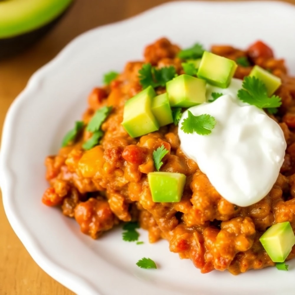 Easy Slow Cooker Taco Casserole plated with a side of mixed greens