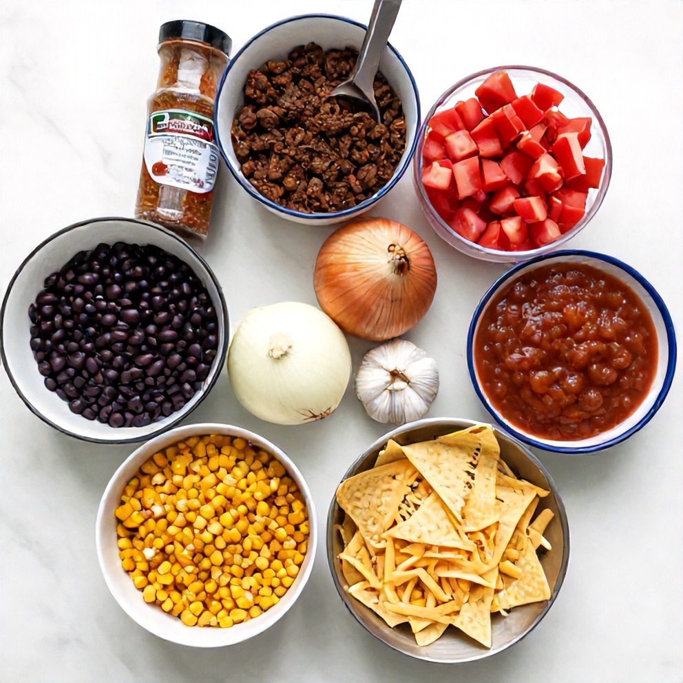 Raw ingredients for Easy Slow Cooker Taco Casserole including ground beef, taco seasoning, and tortilla chips