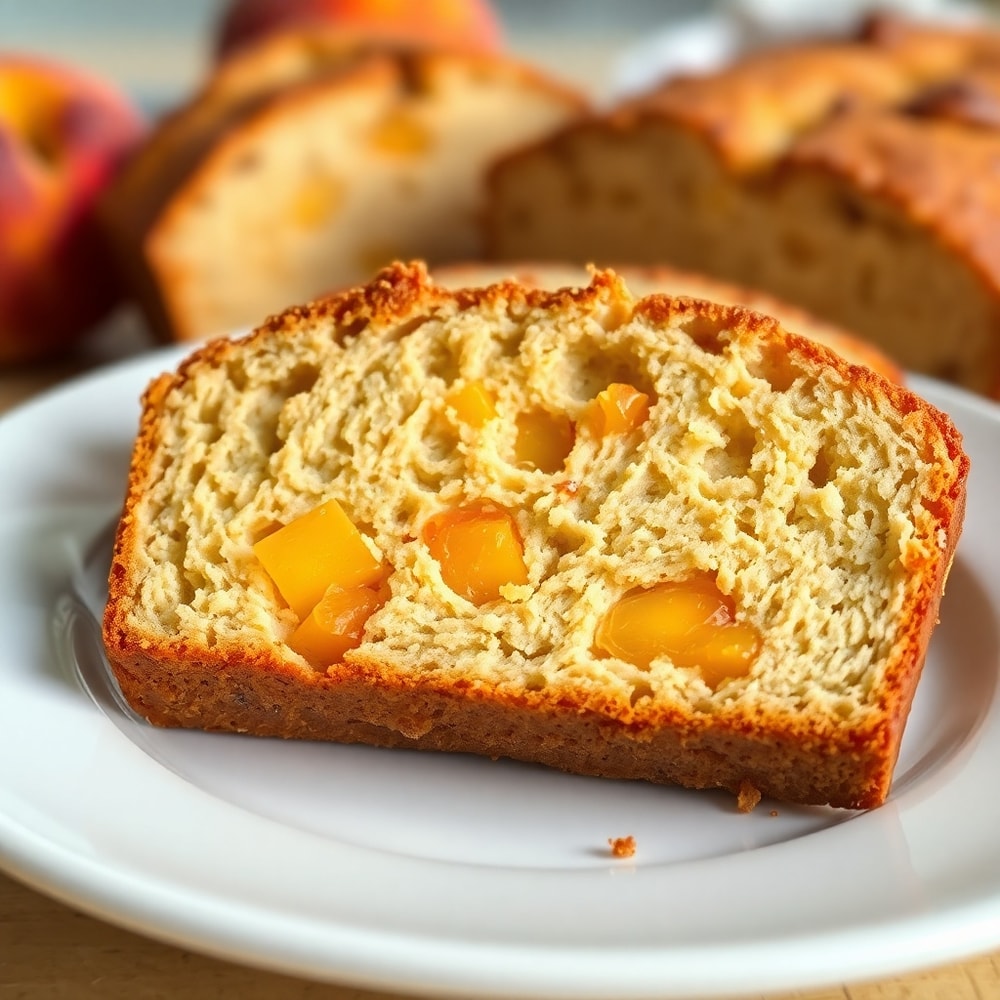 Slice of Easy Spiced Peach Bread with peach chunks