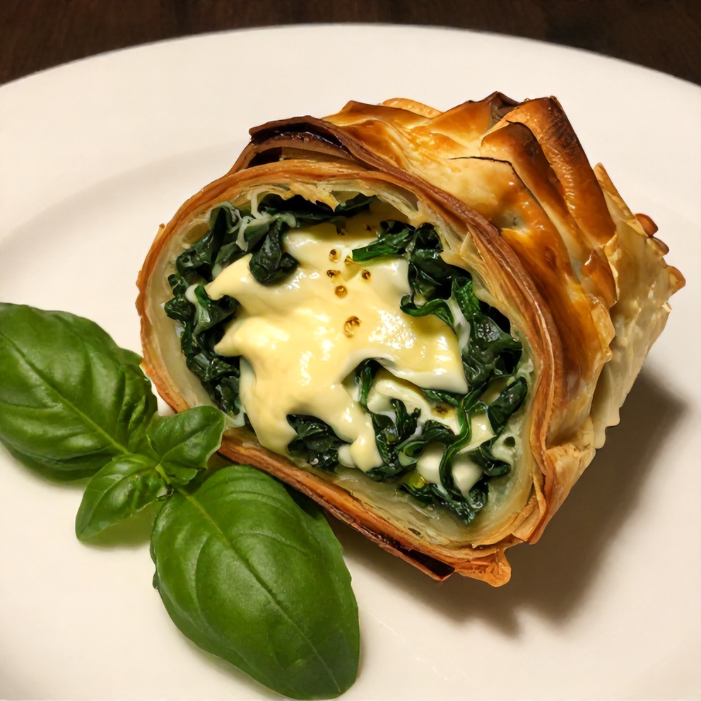 Plated Spinach and Ricotta Puff Pastry Roll on a white plate