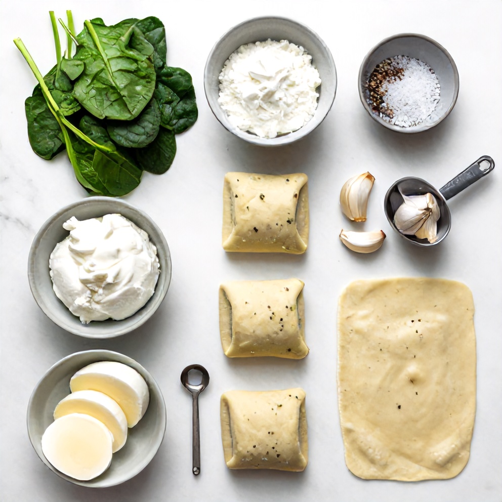 Raw ingredients for Spinach and Ricotta Puff Pastry Rolls on a marble surface