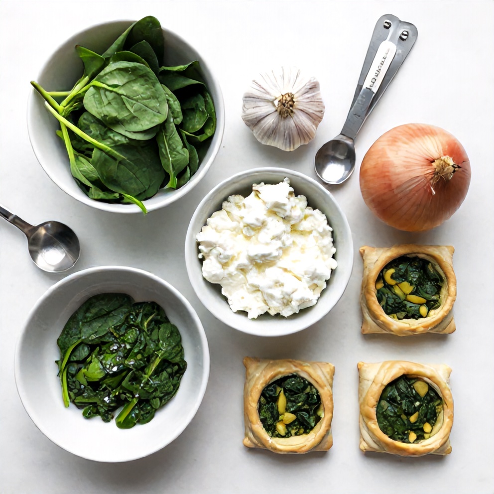 Raw ingredients for Spinach Ricotta Puff Pastry Bites on a marble surface