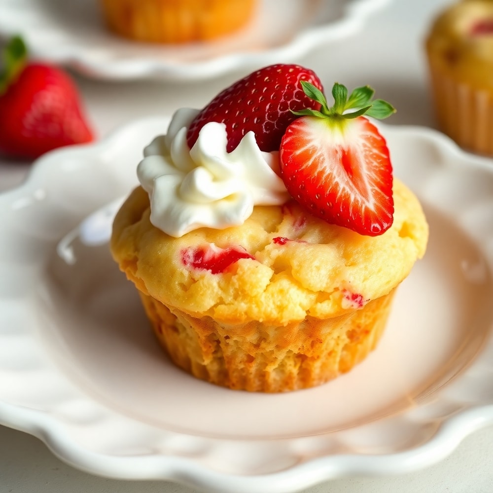 Easy Strawberry Shortcake Muffins with whipped cream and a strawberry on top