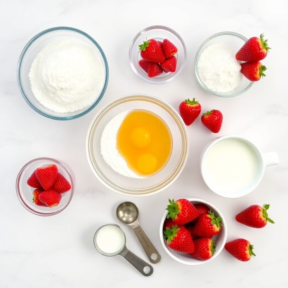 Ingredients for Easy Strawberry Shortcake Muffins on a marble surface