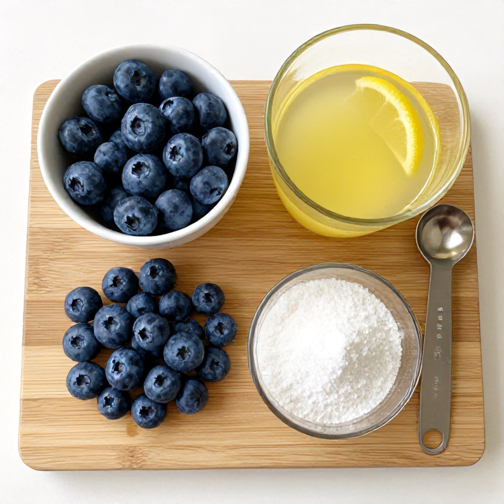 Blueberries, lemon juice, and sweetener on a wooden board