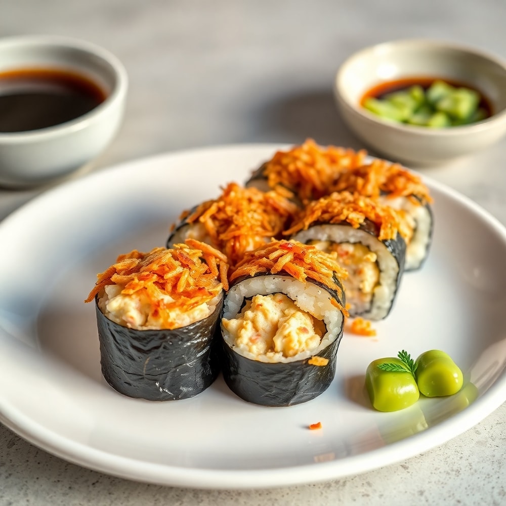 Easy Sushi Bake on a white plate with soy sauce and wasabi