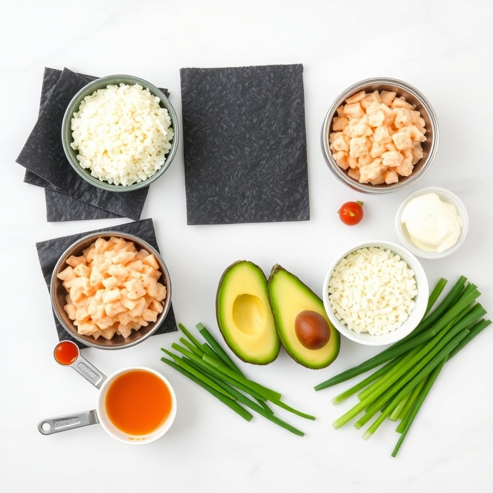 Raw ingredients for Easy Sushi Bake on a white marble surface