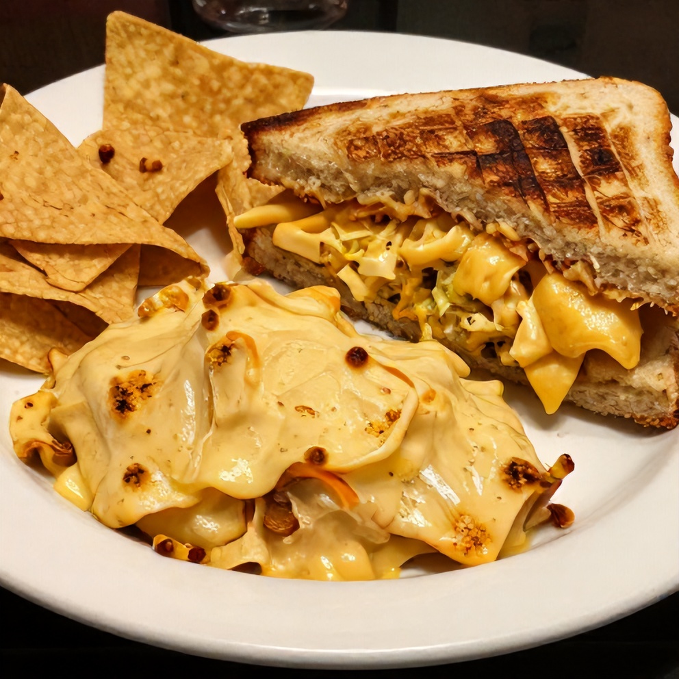 Taco chopped cheese sandwich on a white plate with a side of tortilla chips