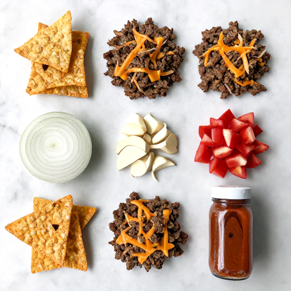 Ground beef, cheese, tortilla chips, and other ingredients for taco chopped cheese sandwich on a white marble surface
