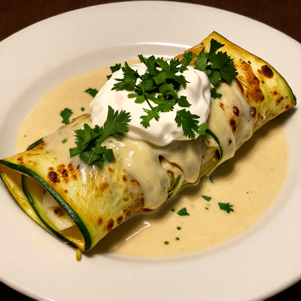 Plated zucchini enchilada roll up with fresh cilantro and sour cream